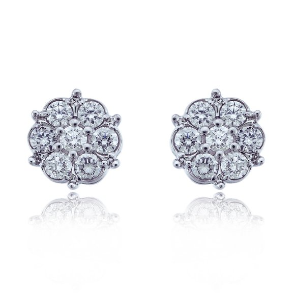 1.00 Carat Round Cut Diamond Cluster Stud Earrings 14K White Gold - Picture 5 of 6